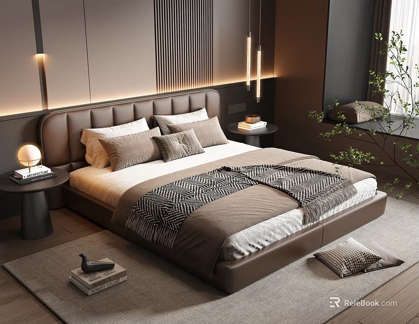 Modern Double Bed with Leather Headboard and Neutral Bedding in Cozy Bedroom 3d model 