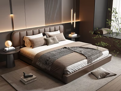 Modern Double Bed with Leather Headboard and Neutral Bedding in Cozy Bedroom 3d model