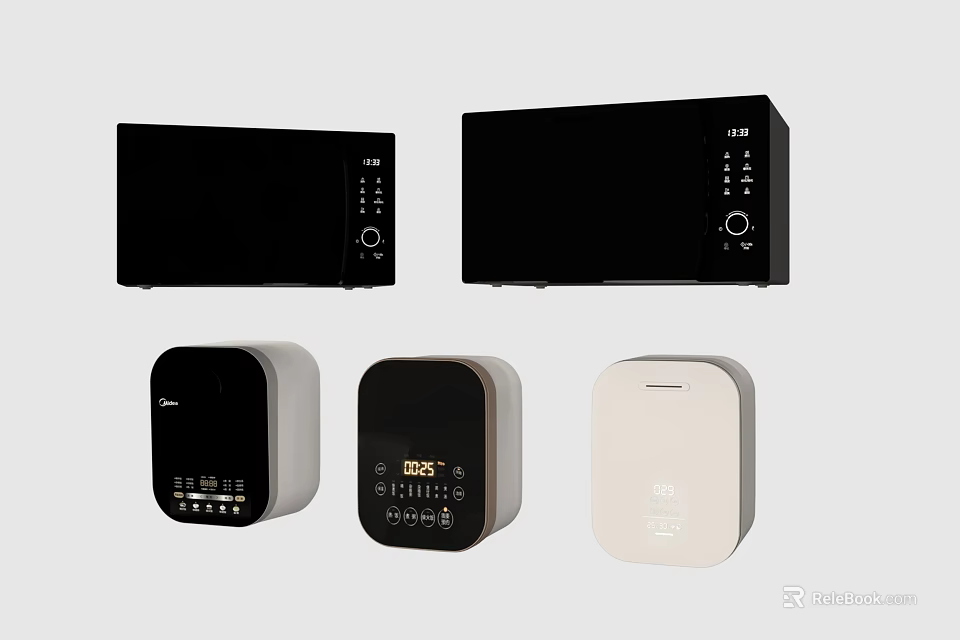 Sleek Modern Kitchen Appliances With Digital Control Panels Including Black Microwaves And White Rice Cookers 3d model 