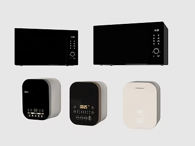 Sleek Modern Kitchen Appliances With Digital Control Panels Including Black Microwaves And White Rice Cookers 3d model