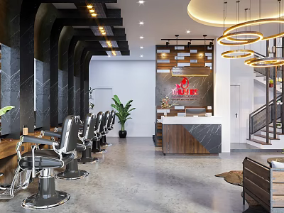 Modern Hair Salon Interior With Styling Chairs Reception Desk And Hanging Lights 3d model