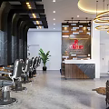 Modern Hair Salon Interior With Styling Chairs Reception Desk And Hanging Lights