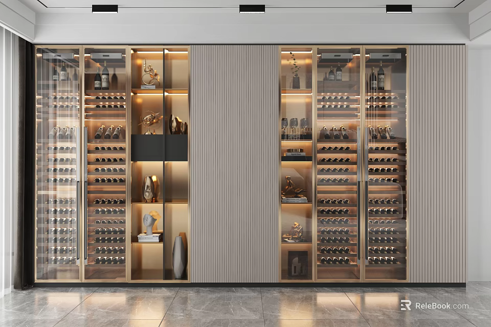 Modern Luxury Wine Cabinet With Glass Doors Metal Frame And Wine Bottles 3d model 