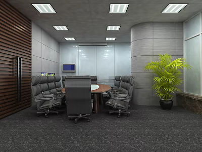 Modern Conference Room Interior Design With Round Table Ergonomic Chairs And Potted Plant 3d model