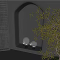 Table Lamp With Light And Shadow Effects Near Green Plant And Wooden Shutters