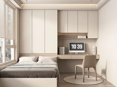 Tatami Bedroom Modern Minimalist Interior With Bed Desk Chair Window Blinds And Cabinets 3d model