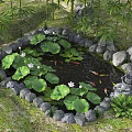 Tranquil Water Fountain Featuring Stone Edging Lotus Leaves Water Lilies Koi Fish and Bamboo