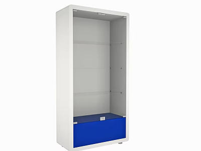 White Display Cabinet Shelf Unit With Multiple Shelves And Blue Drawer 3d model