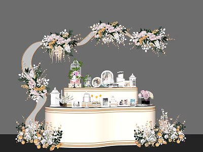 Floral Decoration Display With Curved Stand Hanging Flowers And Decorative Ornaments 3d model
