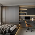 Modern Tatami Bedroom Interior With Tatami Bed Desk Chair Built-in Bookshelves LED Lighting And Blinds