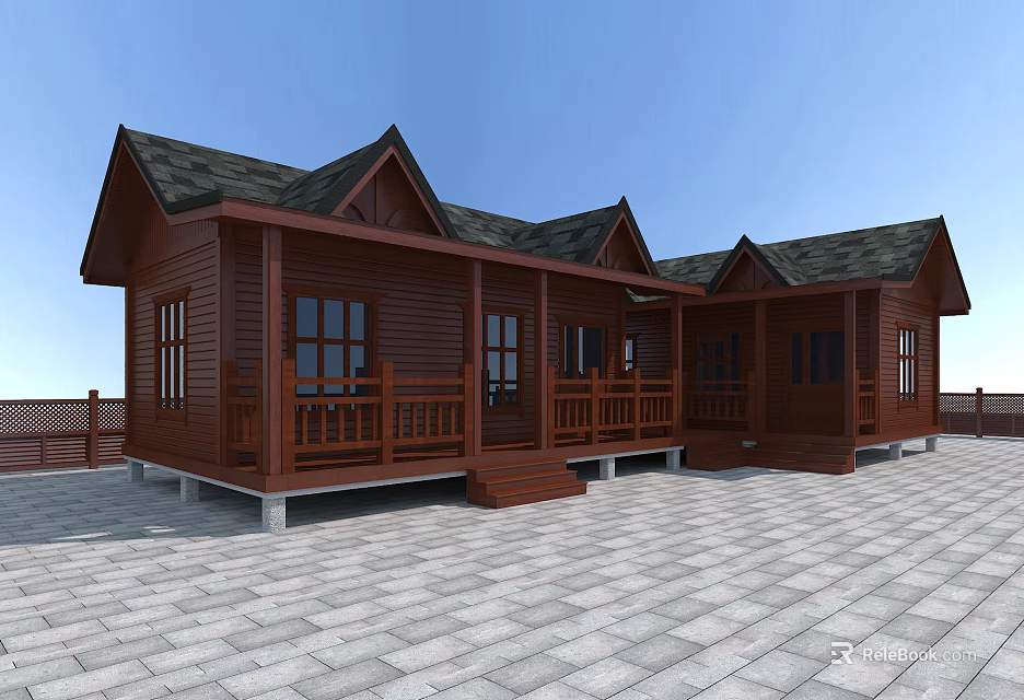Brown Wooden House With Gabled Roofs Balconies Windows And Stone Paved Ground Under Blue Sky 3d model 