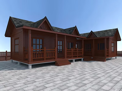 Brown Wooden House With Gabled Roofs Balconies Windows And Stone Paved Ground Under Blue Sky 3d model