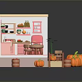 Modern Toy Kitchen Scene With Pink Furniture Pumpkins And Wooden Barrels