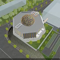 Aerial Planning Of Modern Building With Elegant Facade Landscaping Trees And Street Lamp Layout