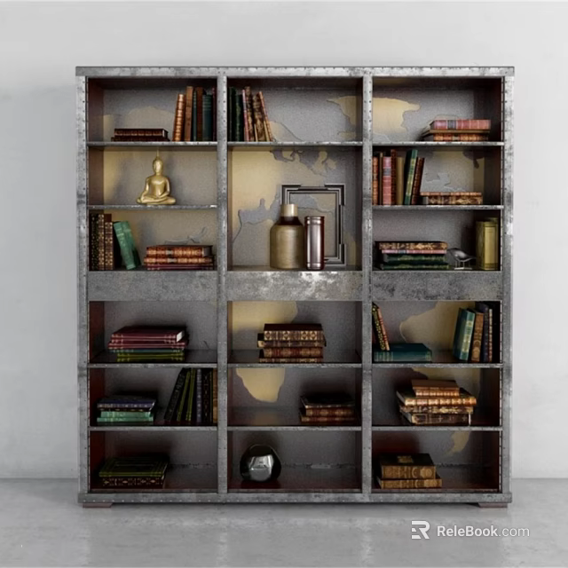 Industrial Metal Bookcase With Books Buddha Statue And Decorative Items 3d model 
