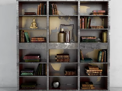 Industrial Metal Bookcase With Books Buddha Statue And Decorative Items 3d model