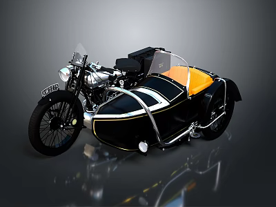 Vintage Classic Motorcycle With Black Orange Sidecar And Chrome Trim Details 3d model