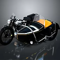 Vintage Classic Motorcycle With Black Orange Sidecar And Chrome Trim Details