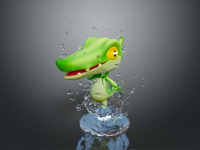 Cute Green Cartoon Crocodile on Splashing Water Base with Yellow Eyes and Red Mouth 3d model