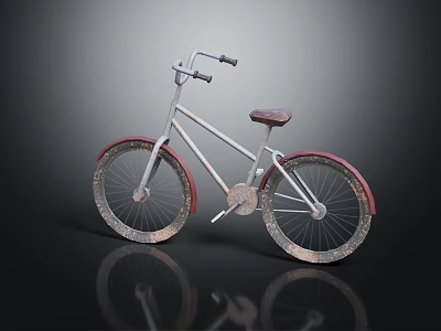 Vintage Silver Frame Bicycle With Red Rimmed Wheels Textured Tires And Reflection On Black Background 3d model