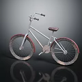 Vintage Silver Frame Bicycle With Red Rimmed Wheels Textured Tires And Reflection On Black Background