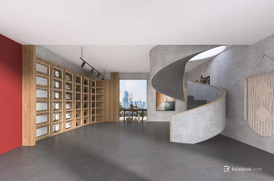Minimalist Exhibition Hall Design With Spiral Staircase Wooden Bookshelves Large Windows And Gray Floor 3d model 