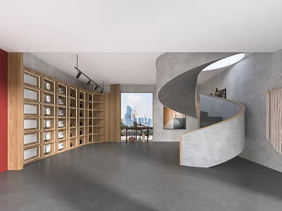 Minimalist Exhibition Hall Design With Spiral Staircase Wooden Bookshelves Large Windows And Gray Floor 3d model
