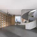 Minimalist Exhibition Hall Design With Spiral Staircase Wooden Bookshelves Large Windows And Gray Floor