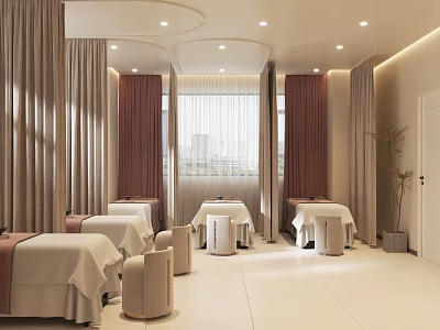 Modern Bright Beauty Salon Interior With Treatment Beds Curtains And Comfortable Chairs 3d model