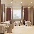 Modern Bright Beauty Salon Interior With Treatment Beds Curtains And Comfortable Chairs