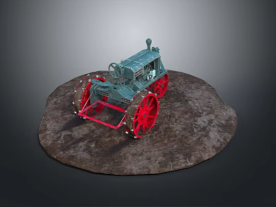 Vintage Blue Tractor Model With Red Wheels On Circular Rock Platform 3d model