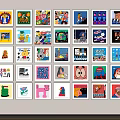 Colorful Framed Cartoon Artworks Arranged On White Wall