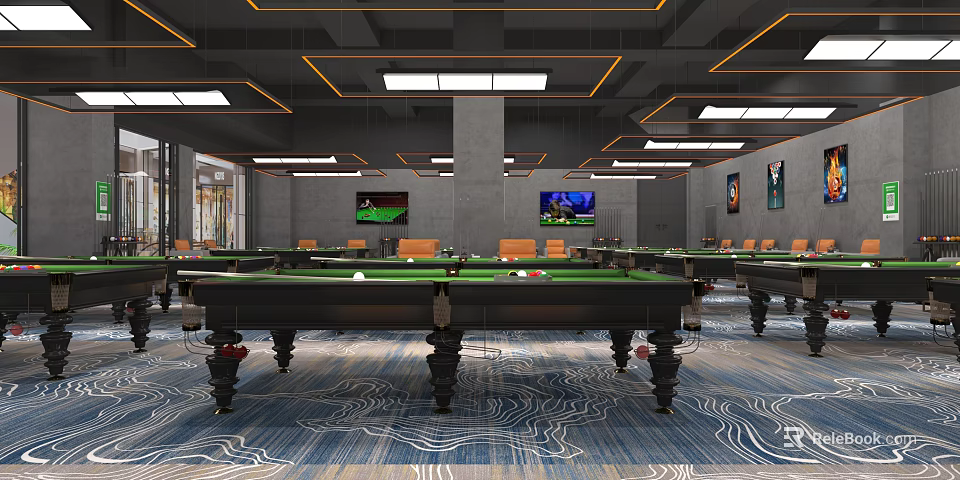 Modern Billiard Club Interior With Pool Tables And Stylish Lighting 3d model 