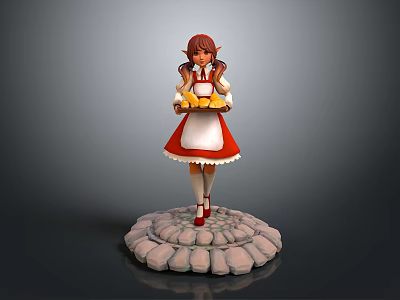 Elf Girl In Red White Maid Outfit Holding Tray With Pastries On Stone Base 3d model