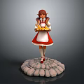 Elf Girl In Red White Maid Outfit Holding Tray With Pastries On Stone Base