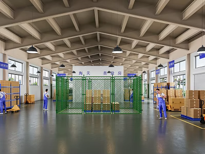 Warehouse Workspace With Green Metal Fence Cardboard Boxes High Ceiling And Workers 3d model