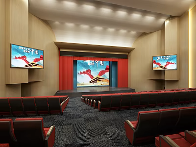 Modern Auditorium Interior With Stage Red Curtain Large Screen Side TV Screens And Seats 3d model