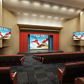 Modern Auditorium Interior With Stage Red Curtain Large Screen Side TV Screens And Seats