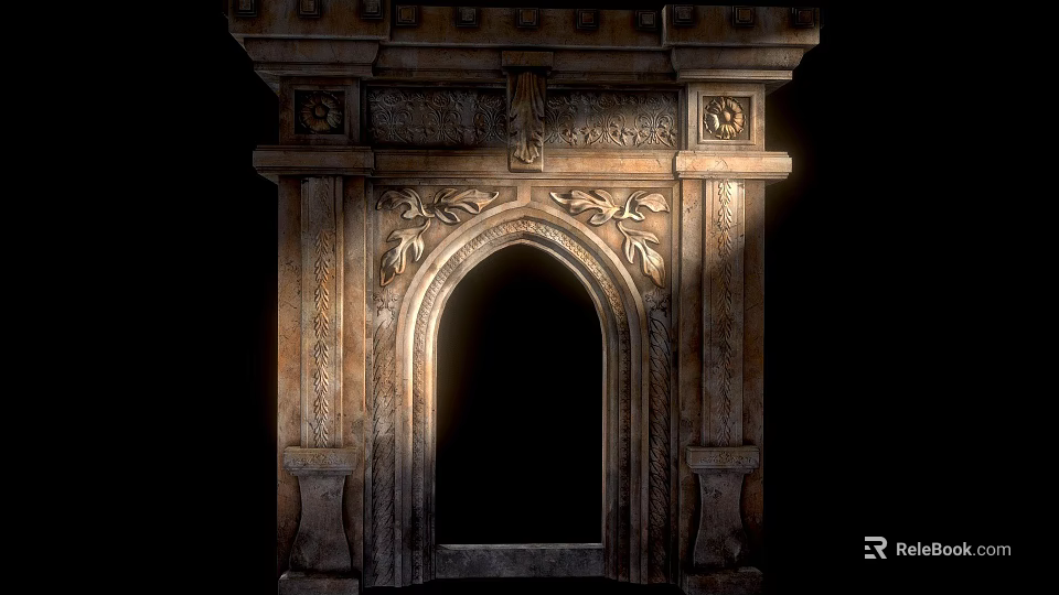 Vintage Ornate Stone Fireplace With Intricate Carved Leaves And Arched Design 3d model 
