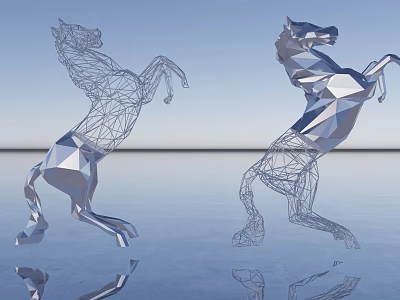Modern Horse Sculpture With Geometric Polygon And Wireframe Design On Water Surface With Reflections 3d model