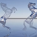Modern Horse Sculpture With Geometric Polygon And Wireframe Design On Water Surface With Reflections
