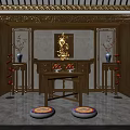 Traditional Chinese Religious Shrine Interior With Wooden Carvings Portrait Red Lanterns Vases And Prayer Mats