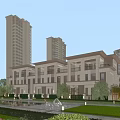 Modern Townhouse Exterior With Balconies Landscaped Lawn Trees And Water Feature