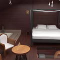 Hotel Guest Room With Dark Wooden Walls Floors Rectangular Dining Table And Round Hanging Chair