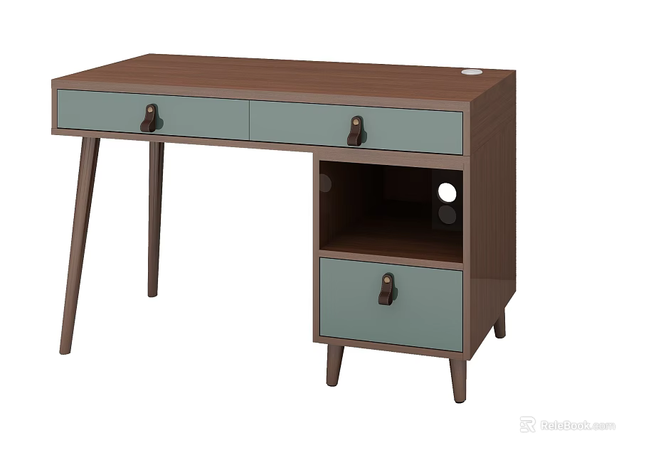 Dark Brown Wooden Desk With Light Green Drawers And Open Shelf Design 3d model 