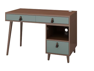Dark Brown Wooden Desk With Light Green Drawers And Open Shelf Design 3d model