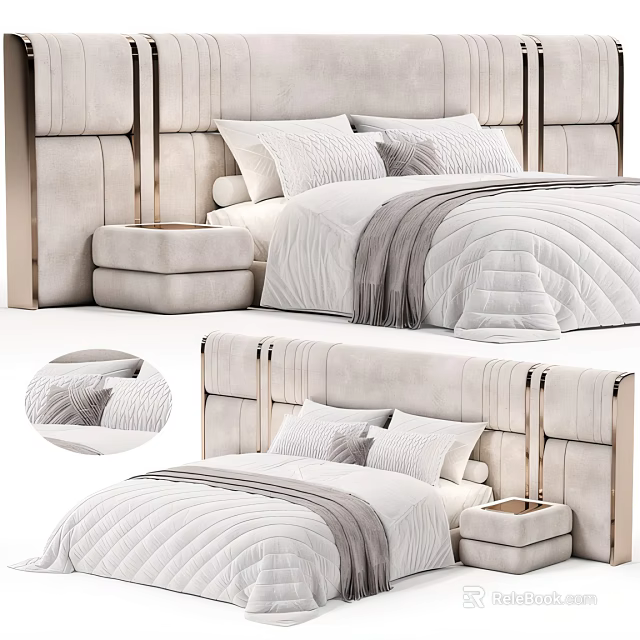 Elegant Upholstered Double Bed With White Quilt Gray Pillow Modern Headboard And Bedside Stool 3d model 