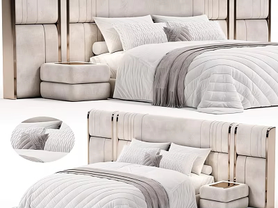 Elegant Upholstered Double Bed With White Quilt Gray Pillow Modern Headboard And Bedside Stool 3d model