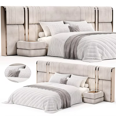 Elegant Upholstered Double Bed With White Quilt Gray Pillow Modern Headboard And Bedside Stool 3d model