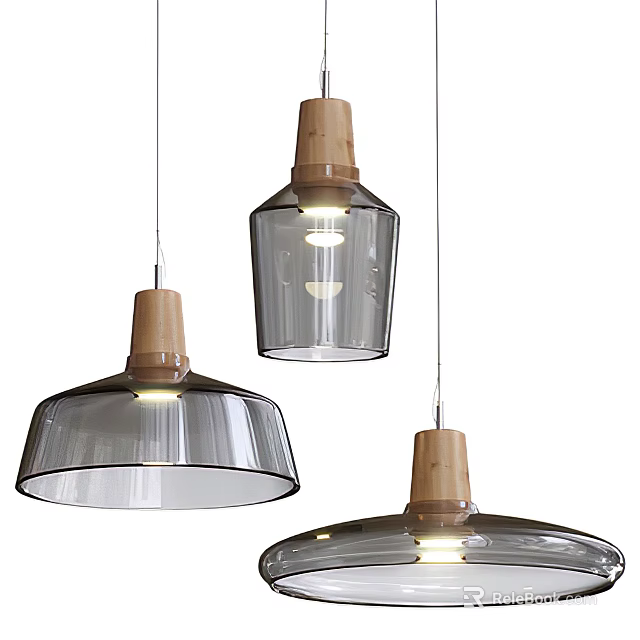 Three Modern Pendant Lamps with Wooden Tops and Transparent Glass Shades 3d model 